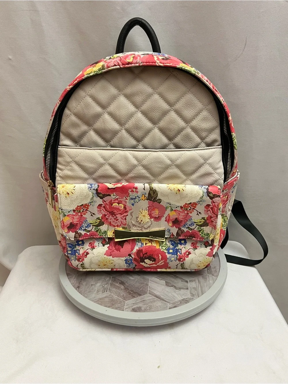 Betsey Johnson Floral Quilted Backpack White Pink Roses Gold Hardware